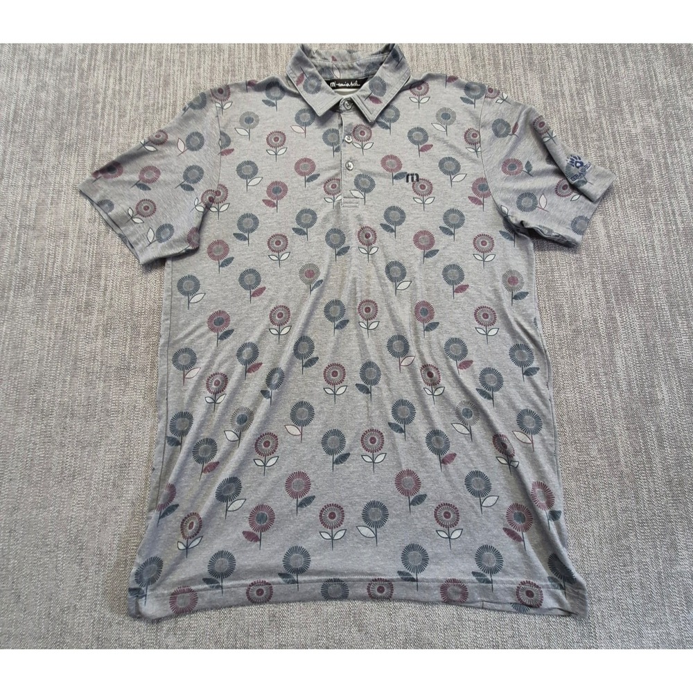 TravisMathew Preboarding men's Med polo shirt Gray Floral Grand Bear Golf course